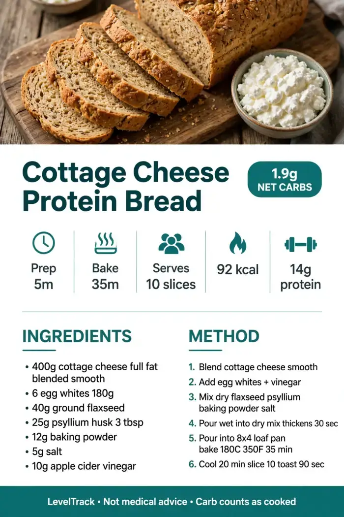 1.9g Low-Carb Cottage Cheese Bread | High Protein, No Almond Flour — LevelTrack recipe card