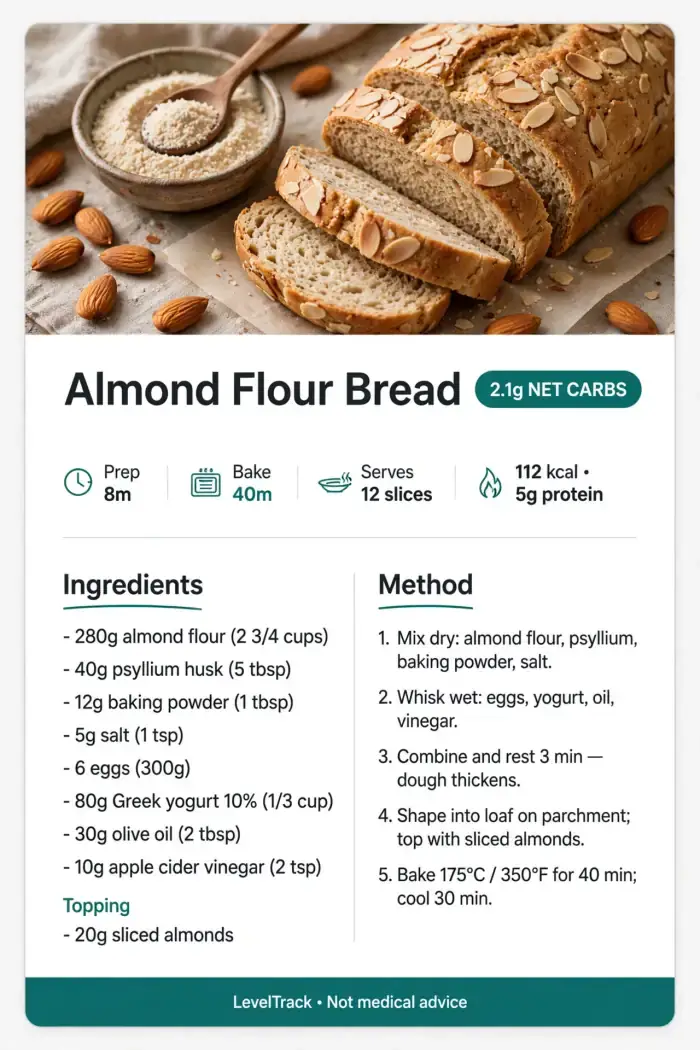 2.1g Almond Flour Bread | Low-Carb, No Yeast, No Sugar — LevelTrack recipe card