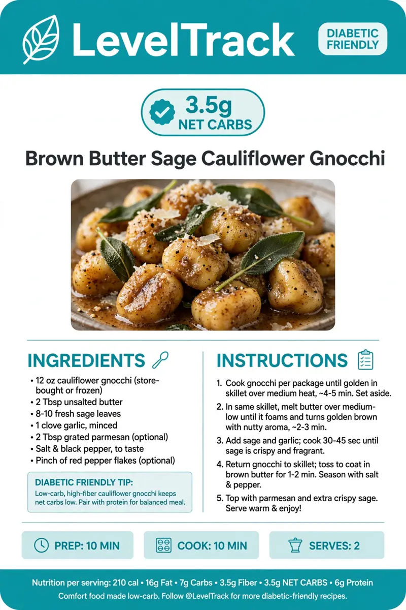 2g Carb Cauliflower Gnocchi with Brown Butter Sage | Diabetic — LevelTrack recipe card
