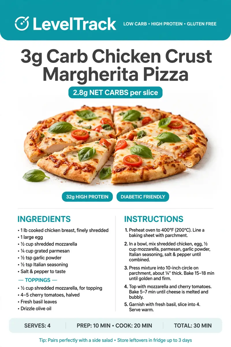 3g Carb Chicken Crust Pizza Margherita | High Protein, Low Carb — LevelTrack recipe card