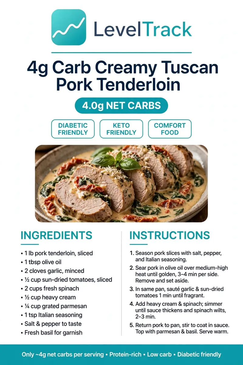 4g Carb Creamy Tuscan Pork Tenderloin | Keto Comfort | LevelTrack — LevelTrack recipe card