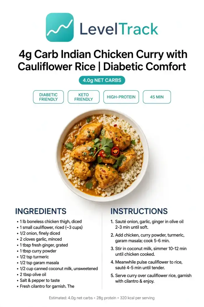 4g Carb Indian Chicken Curry with Cauliflower Rice | Diabetic Comfort — LevelTrack recipe card