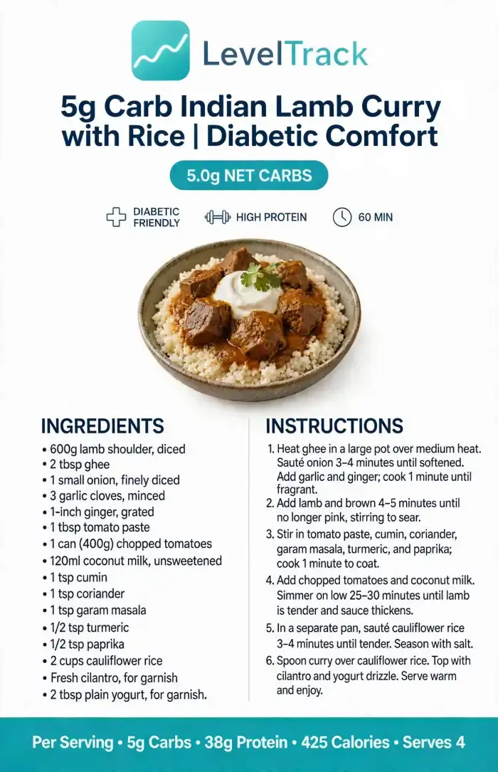 5g Carb Indian Lamb Curry with Cauliflower Rice | Diabetic Comfort — LevelTrack recipe card