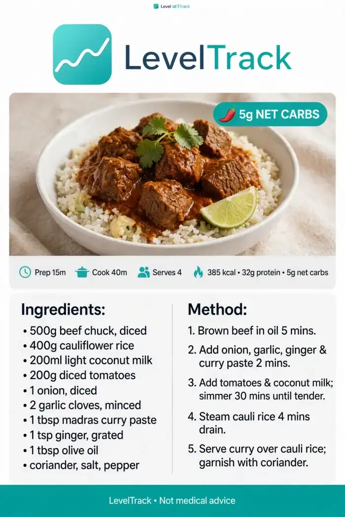 5g Net Carbs Beef Madras Curry with Cauli Rice | LevelTrack — LevelTrack recipe card