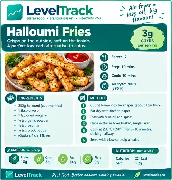 Air Fryer Halloumi Fries | 3g Carbs, Crispy Low Carb Chips | LevelTrack — LevelTrack recipe card