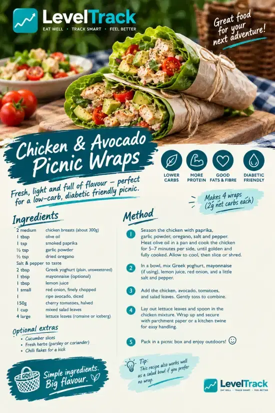 Chicken & Avocado Picnic Wraps - 2g Net Carbs | Low-Carb, Diabetic Friendly | LevelTrack — LevelTrack recipe card