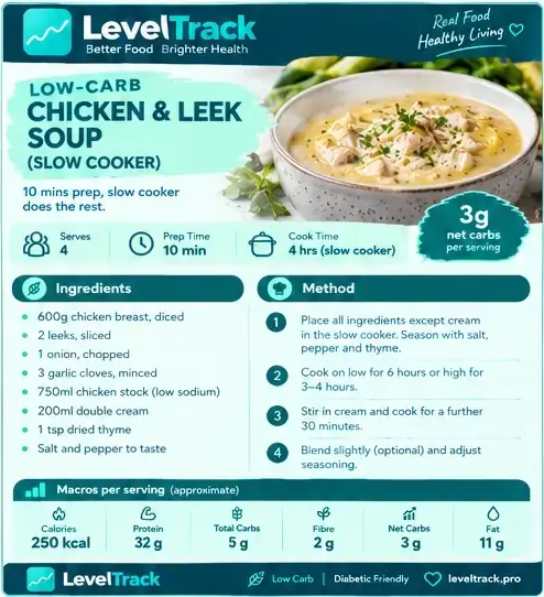 Chicken & Leek Soup (Slow Cooker) | Low Carb | 3g Net Carbs — LevelTrack recipe card
