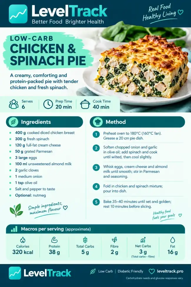 Chicken & Spinach Pie | Low Carb | 3g Net Carbs — LevelTrack recipe card
