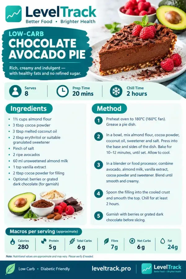 Chocolate Avocado Pie | Low Carb Dessert | LevelTrack — LevelTrack recipe card