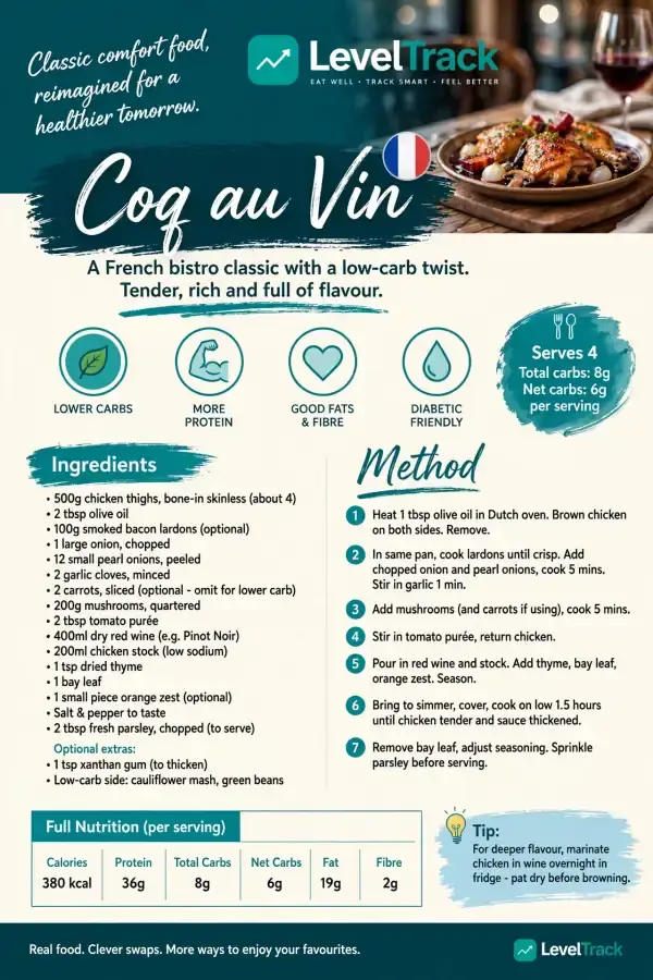 Coq au Vin - 6g Net Carbs | Low-Carb French Classic | LevelTrack — LevelTrack recipe card