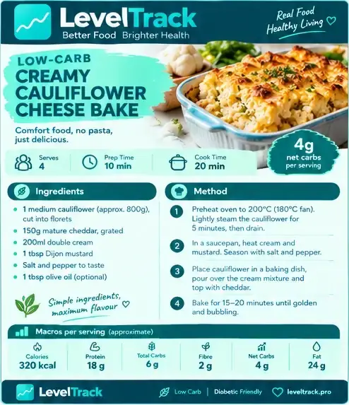 Creamy Cauliflower Cheese Bake | Low Carb | 4g Net Carbs — LevelTrack recipe card