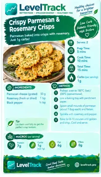 Crispy Parmesan & Rosemary Crisps | Low Carb | LevelTrack — LevelTrack recipe card