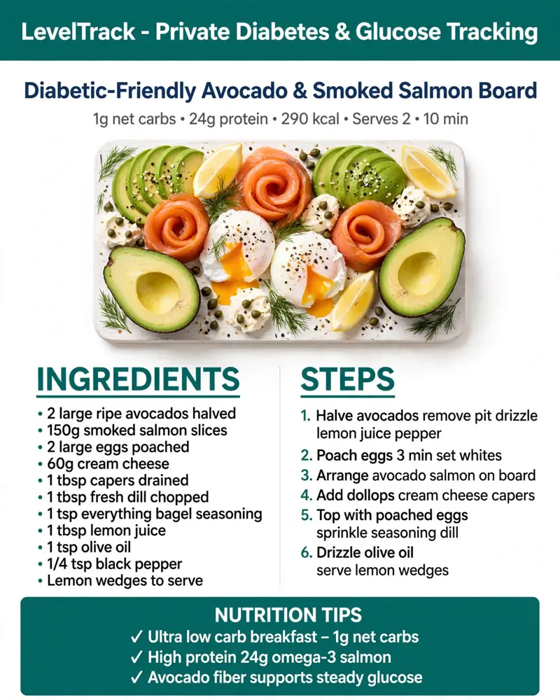 Diabetic-Friendly Avocado & Smoked Salmon Board from LevelTrack — LevelTrack recipe card