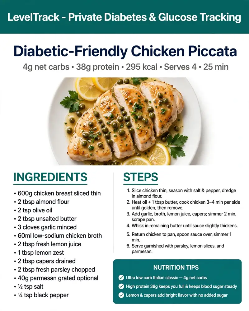 Diabetic Friendly Chicken Piccata only 4g net carbs. — LevelTrack recipe card