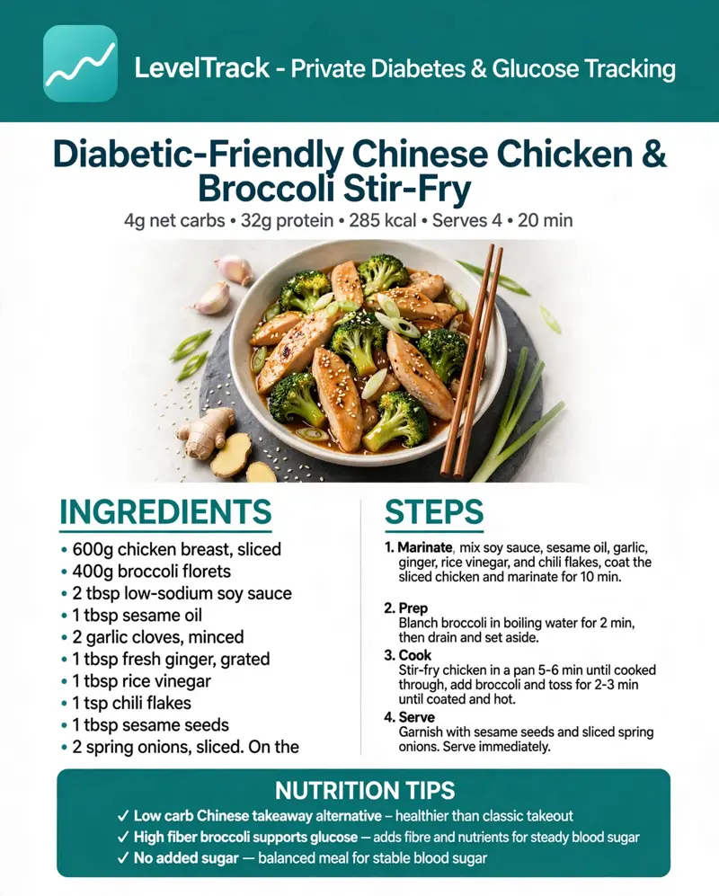 Diabetic-Friendly Chinese Chicken & Broccoli Stir-Fry — LevelTrack recipe card