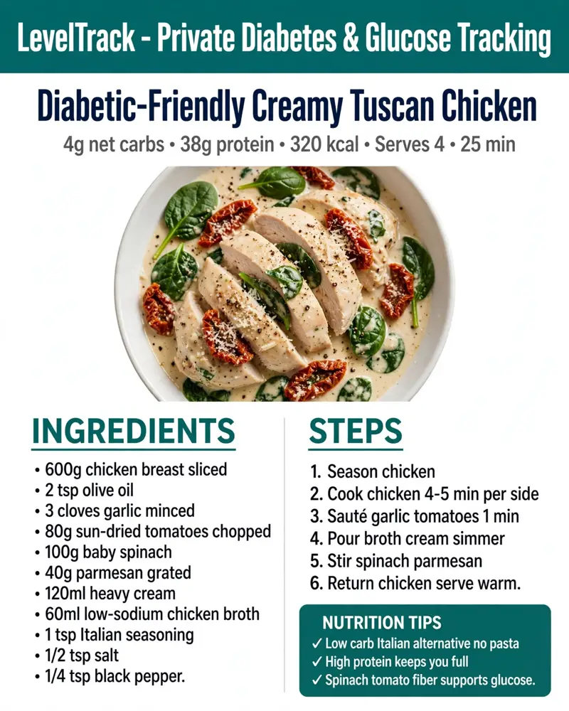 Diabetic - Friendly Cream Tuscan Chicken. Only 4g carbs. — LevelTrack recipe card