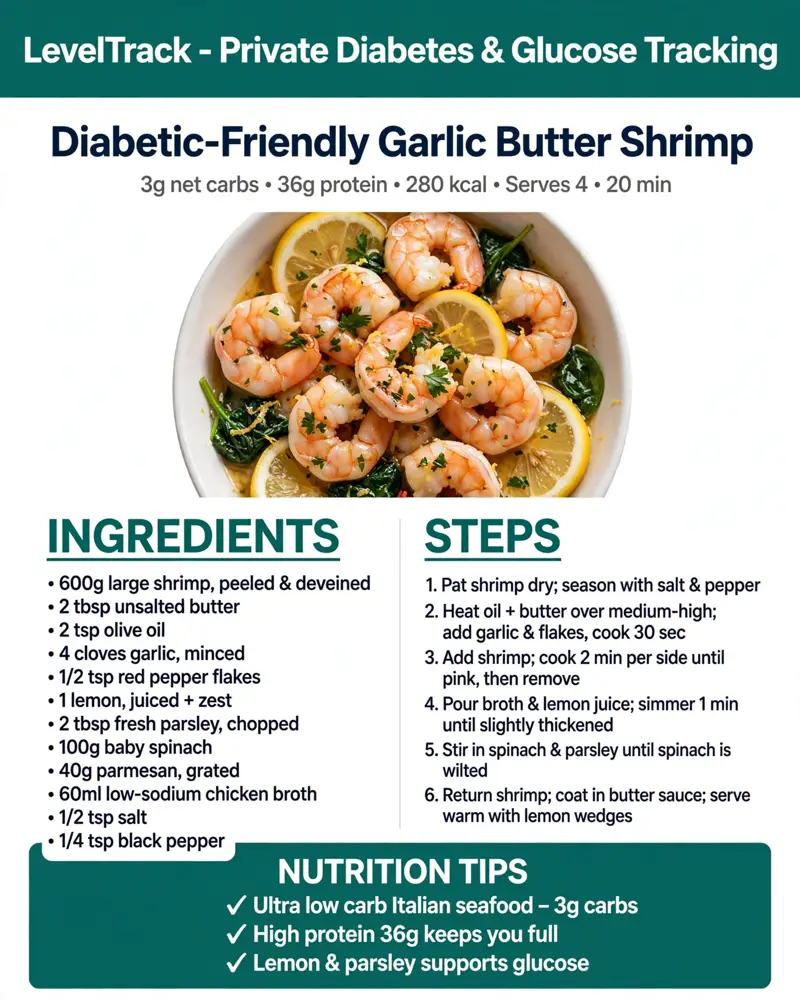Diabetic Friendly Garlic Butter Shrimp, only 3g carbs. — LevelTrack recipe card