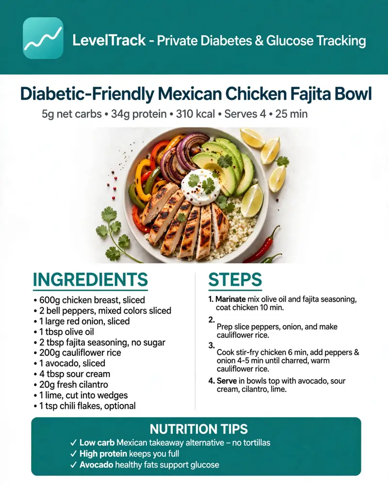 Diabetic-Friendly Mexican Chicken Fajita Bowl — LevelTrack recipe card