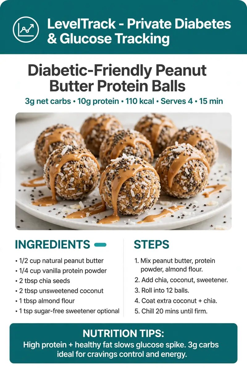 Diabetic Friendly Peanut Butter Protein Balls — LevelTrack recipe card