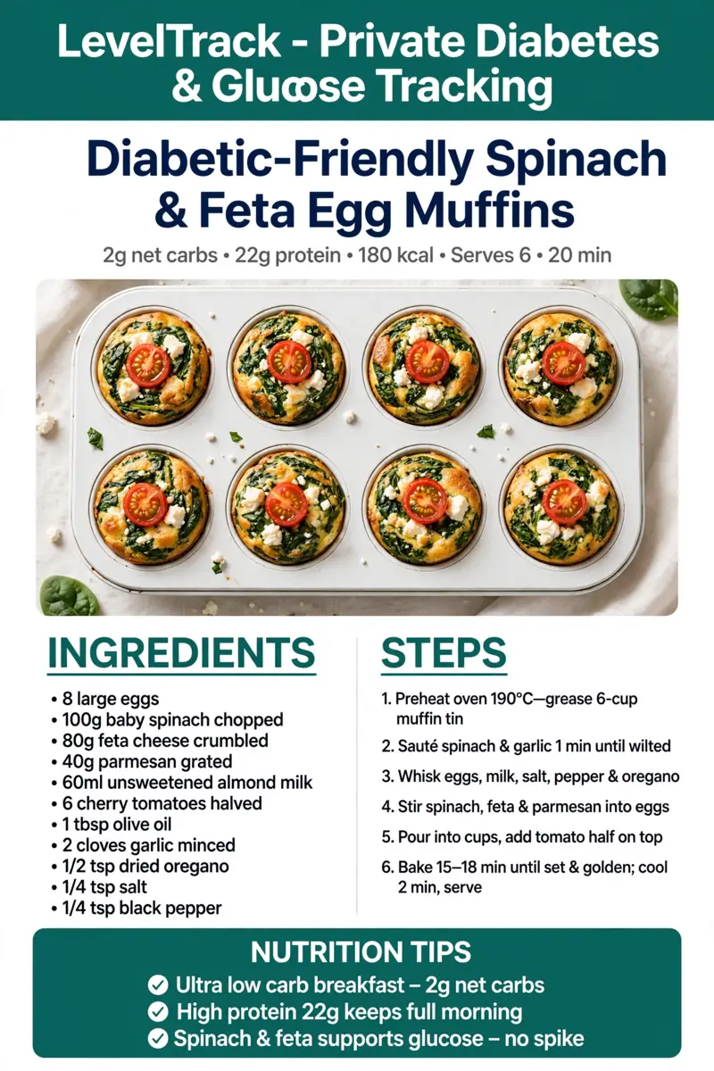 Diabetic-Friendly Spinach & Feta Egg Muffins - 2g Net Carbs | LevelTrack — LevelTrack recipe card