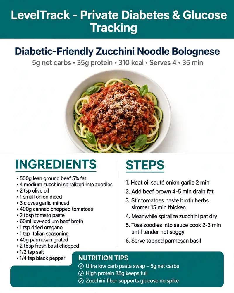 Diabetic- Friendly Zucchini Noodle Bolognese only 5g carbs — LevelTrack recipe card