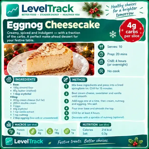 Eggnog Cheesecake Recipe | 4g Carbs, Low Carb Christmas Dessert | LevelTrack — LevelTrack recipe card