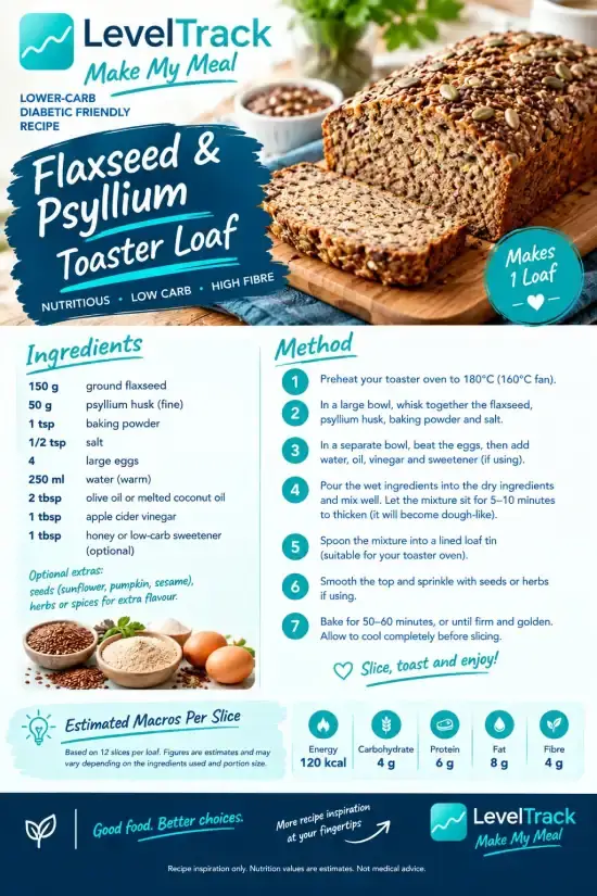 Flaxseed & Psyllium Toaster Loaf — Lower-Carb, High Fibre, Freezer-Friendly (4g Carbs) — LevelTrack recipe card