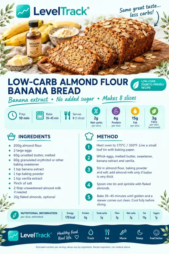 Low-Carb Almond Flour Banana Bread | 2g Net Carbs — LevelTrack recipe card