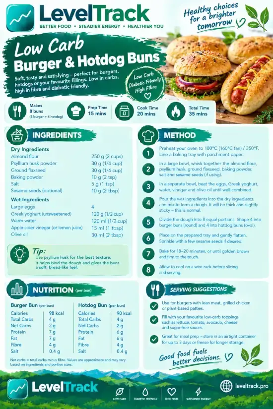 Low Carb Burger & Hotdog Buns | Diabetic Friendly | LevelTrack — LevelTrack recipe card