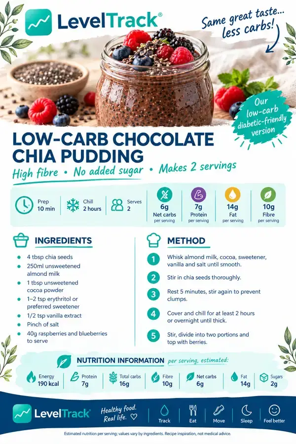 Low-Carb Chocolate Chia Pudding | High Fibre, 6g Net Carbs — LevelTrack recipe card