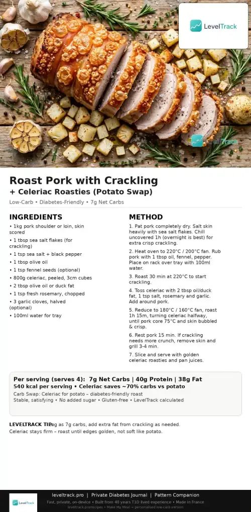 Low-Carb Crispy Roast Pork with Crackling + Celeriac Roasties | 5g Net Carbs | LevelTrack — LevelTrack recipe card