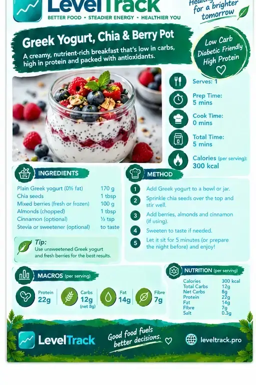 Low Carb Greek Yogurt, Chia & Berry Pot — 5g Net Carbs — Diabetes Friendly — LevelTrack recipe card