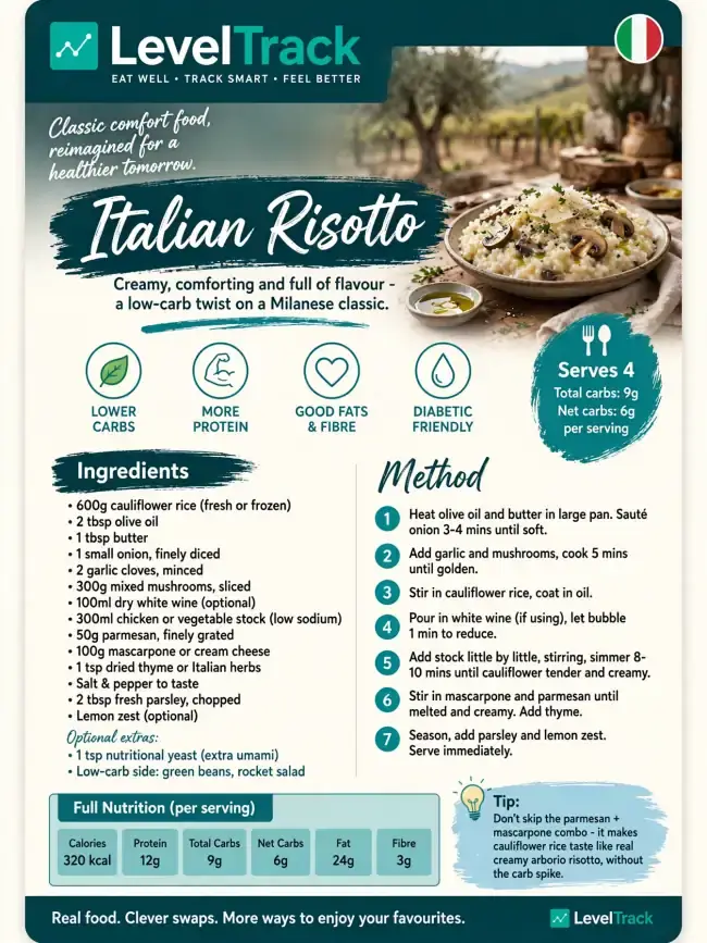 Low-Carb Italian Risotto (6g Net Carbs) | Diabetic Friendly | LevelTrack — LevelTrack recipe card