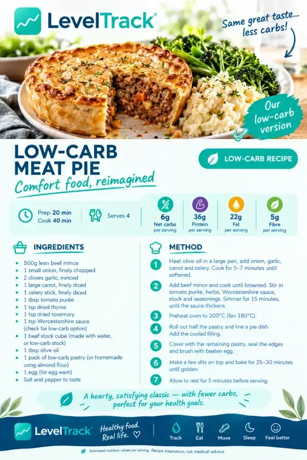 Low-Carb Meat Pie — Comfort Food, Reimagined | 6g Net Carbs — LevelTrack recipe card