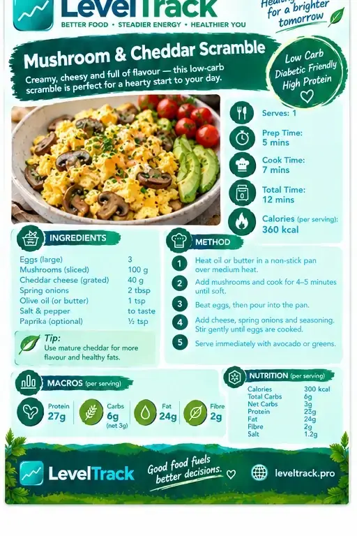 Low Carb Mushroom & Cheddar Scramble (3g Net Carbs) | LevelTrack — LevelTrack recipe card