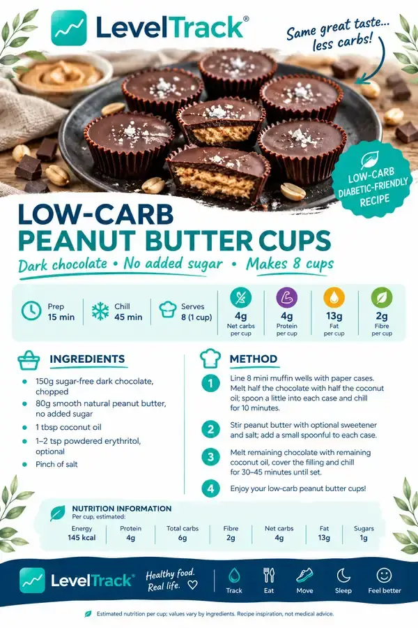 Low-Carb Peanut Butter Cups | 4g Net Carbs, No Added Sugar — LevelTrack recipe card