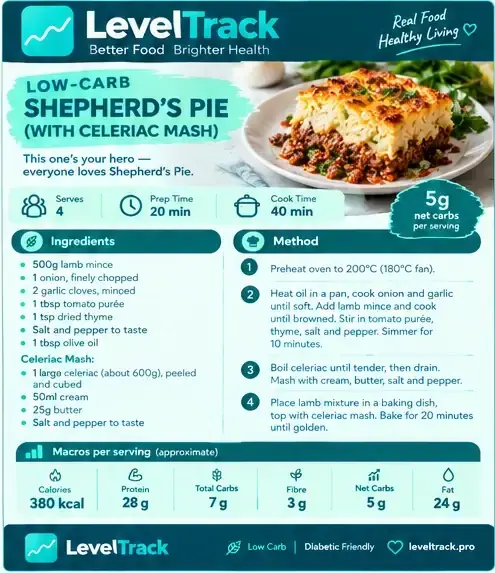 Low Carb Shepherd's Pie | Celeriac Mash | 5g Net Carbs — LevelTrack recipe card