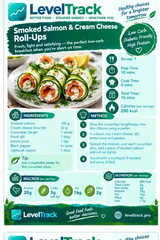 Low Carb Smoked Salmon & Cream Cheese Roll-Ups — 3g Net Carbs — Diabetes Friendly — LevelTrack recipe card