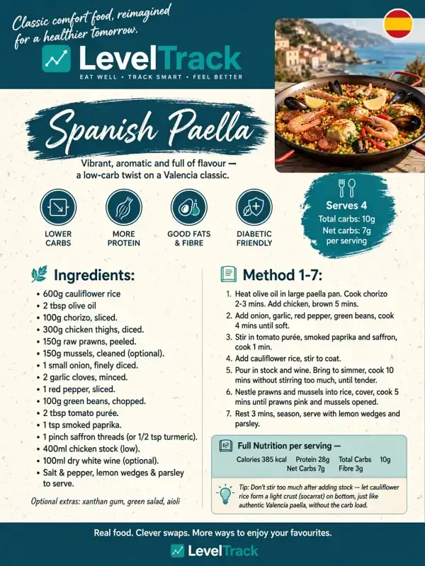Low-Carb Spanish Paella (7g Net Carbs) | High Protein | LevelTrack — LevelTrack recipe card