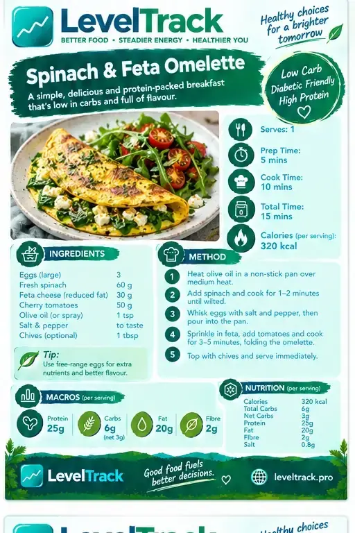 Low Carb Spinach & Feta Omelette — 3g Net Carbs — Diabetes Friendly — LevelTrack recipe card