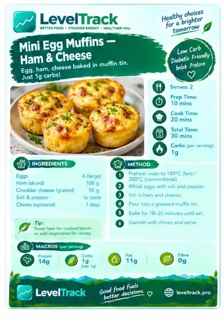 Mini Egg Muffins Ham & Cheese | 1g Carbs | LevelTrack — LevelTrack recipe card