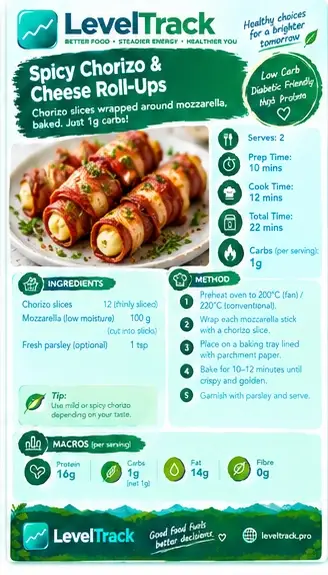 Spicy Chorizo & Cheese Roll-Ups | 1g Carbs | LevelTrack — LevelTrack recipe card