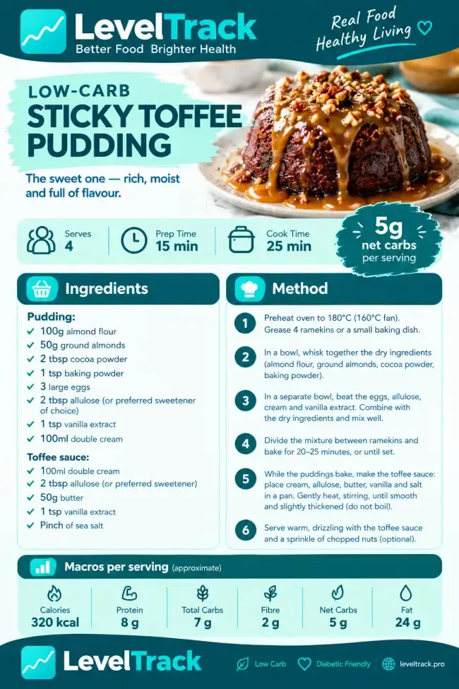 Sticky Toffee Pudding | Low Carb Dessert | 5g Net Carbs — LevelTrack recipe card